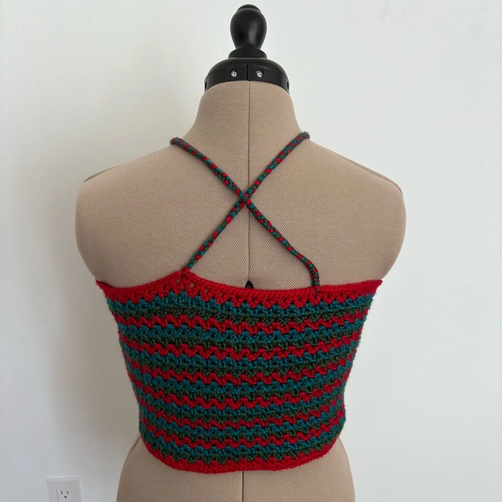 Maya Bey Crochet Handmade Crochet Halter Top Red Green Blue One Size Stretchy - Picture 2 of 13